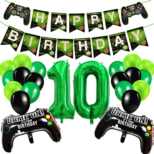 Geburtstagsdeko Jungen 10 Jahre, Gamer Deko Geburtstag, Happy Birthday Girlande Banner Deko Junge, Gamecontroller Luftballons Schwarz Grün Ballons Set für Kinder Videospiel Thema Party Zubehör von SUHANIOP