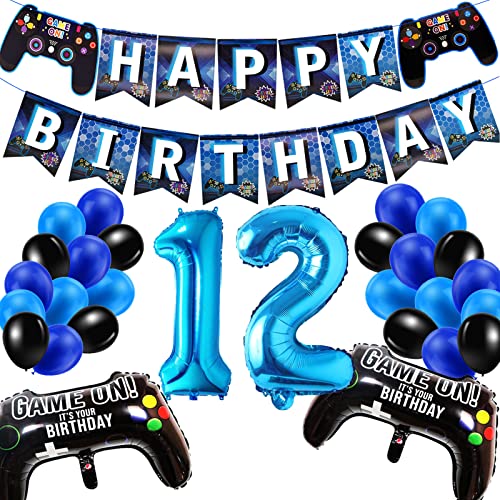 Geburtstagsdeko Jungen 12 Jahre, Gamer Deko Geburtstag, Happy Birthday Girlande Banner Deko Junge, Gamecontroller Luftballons Schwarz Blaue Ballons Set für Kinder Videospiel Thema Party Zubehör von SUHANIOP