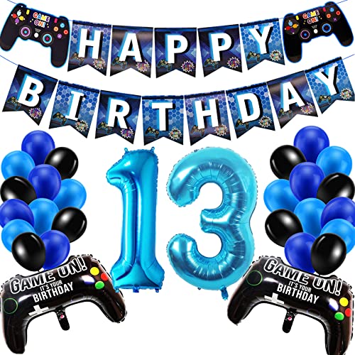 Geburtstagsdeko Jungen 13 Jahre, Gamer Deko Geburtstag, Happy Birthday Girlande Banner Deko Junge, Gamecontroller Luftballons Schwarz Blaue Ballons Set für Kinder Videospiel Thema Party Zubehör von SUHANIOP