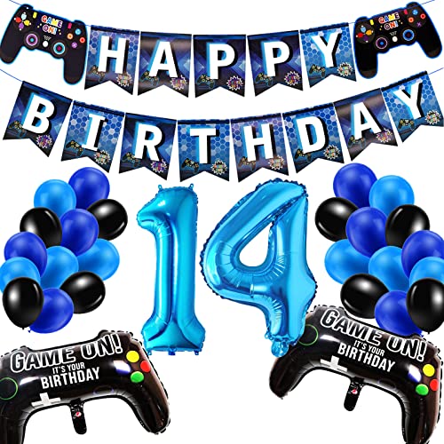 Geburtstagsdeko Jungen 14 Jahre, Gamer Deko Geburtstag, Happy Birthday Girlande Banner Deko Junge, Gamecontroller Luftballons Schwarz Blaue Ballons Set für Kinder Videospiel Thema Party Zubehör von SUHANIOP