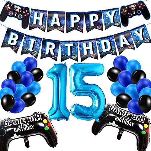 Geburtstagsdeko Jungen 15 Jahre, Gamer Deko Geburtstag, Happy Birthday Girlande Banner Deko Junge, Gamecontroller Luftballons Schwarz Blaue Ballons Set für Kinder Videospiel Thema Party Zubehör von SUHANIOP