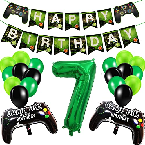 Geburtstagsdeko Jungen 7 Jahre, Gamer Deko Geburtstag, Happy Birthday Girlande Banner Deko Junge, Gamecontroller Luftballons Schwarz Grün Ballons Set für Kinder Videospiel Thema Party Zubehör von SUHANIOP