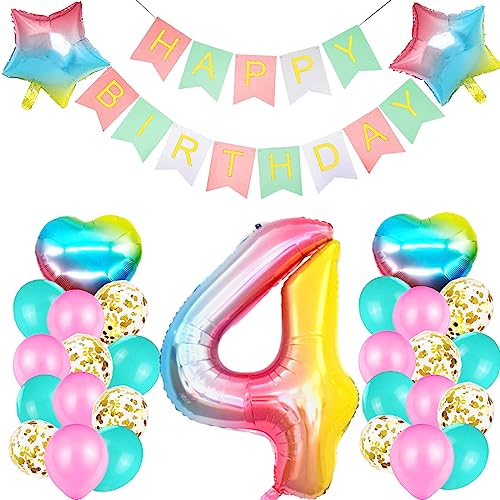 Geburtstagsdeko 4 Jahre Mädchen, Deko 4. Geburtstag Mädchen, Folienballon 4 Regenbogen, Luftballons Gold Konfetti Rosa Tiffany Blau, Bunt Happy Birthday Girlande für Kinder Geburtstag Party Deko Set von SUHANIOP