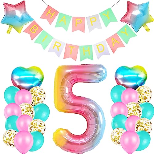 Geburtstagsdeko 5 Jahre Mädchen, Deko 5. Geburtstag Mädchen, Luftballons Gold Konfetti Rosa Tiffany Blau, Folienballon 5 Regenbogen, Bunt Happy Birthday Girlande für Kinder Geburtstag Party Deko von SUHANIOP