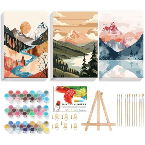 SUHEFAFA 3 Stück Malen Nach Zahlen Erwachsene- Malen nach Zahlen Landschaft Diy Set Erwachsene Mit Holzrahmen Holzstaffelei, Acrylfarbe Leinwand und 12 Pinsel Kit Geschenk Home Haus Deko(24×30cm) von SUHEFAFA