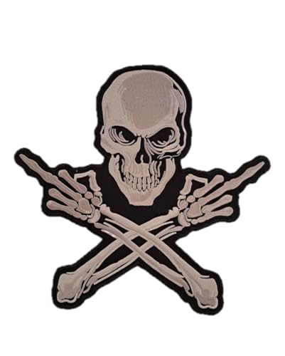 Aufnäher, Motiv: Totenkopf, Schädel, Mittelfinger, bestickt, zum Aufbügeln, für Westen, Motorradjacken, Motorradjacken, Aufnäher, Iron Bikes, 25 x 24 cm, XXL Aufnäher, Motiv: Totenkopf, Schädel, Mittelfinger, bestickt, zum Aufbügeln, für Westen, Motorradjacken, Motorradjacken, Aufnäher, Iron Bikes, 25 x 24 cm, XXL von SUMA SHOP
