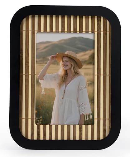 SUMGAR Bilderrahmen 10x15 Schwarz Holz Boho Fotorahmen 10 x 15 aus natürlichem Bambus gewebt Wand order Tabelle Hochzeit Geschenk für Vater Familie Eltern von SUMGAR