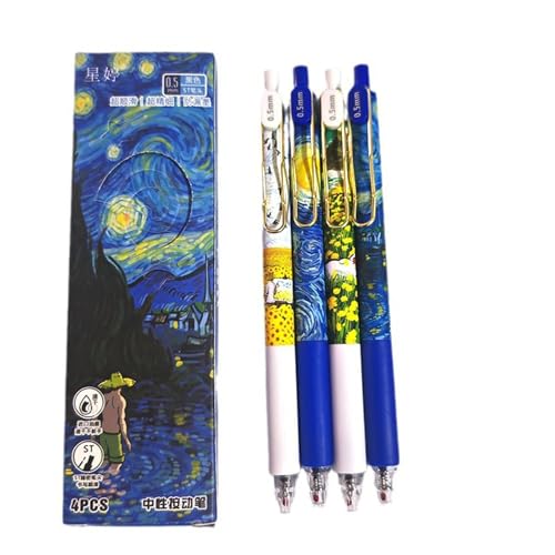 SUMKTO 4 Stück Styli sches Van Gogh Ölgemälde Schnell trocknende Gel stifter Schwarze Tinte 0,5mm Briefpapier Kugelschreiber für Frauen & Männer von SUMKTO