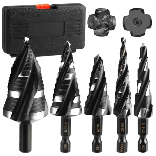 Vier Spiral flöte Kobalt-Schritt-Bohrer-Set (Pro Max) Schlag bereit Unibit Schritt 1/4 "Hex-Schaft-Schritt-Bits für Metall, Edelstahl, Aluminium, Holz, Kunststoff von SUMKTO