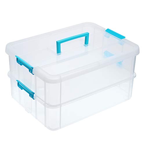 SUMNACON 2-Tier stapelbare Handwerk Aufbewahrungsbox Kunststoff verstellbare Aufbewahrungsbehälter mit Tragegriff Transparente Container Veranstalter für Kunst & Handwerk Spielzeug,Nähen Zubehör, Blau von SERAKUKA