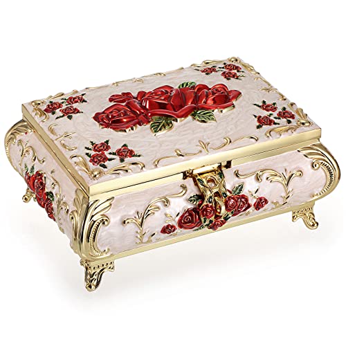 SUMNACON Kleine Schmuckschatulle aus Metall im Vintage-Stil, mit Blumenmuster, Retro-Schmuckaufbewahrung, Organzierbox, Schmuckhalter für Ringe, Ohrringe, Halsketten (groß, Beige) von SUMNACON