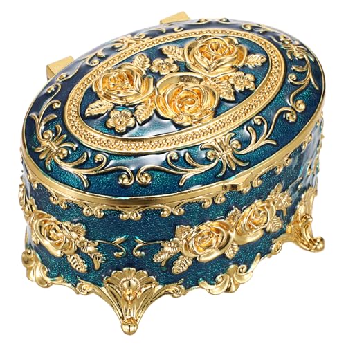 SUMNACON Vintage-Schmuckschatulle aus Metall, dekorativer kleiner Schmuck-Organizer mit Deckel, ovale Retro-Aufbewahrungsbox für Ringe, Ohrringe, Halskette (blau) von SUMNACON