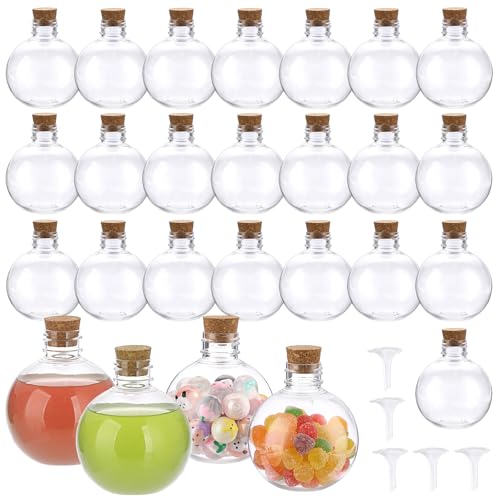 SUMTree 26Pcs DIY Plastikflaschen Sandkunst Flasche mit Kork Mehrzweck Kunststoffflaschen für Süßigkeiten, Saft, Tee, Aromastoffe, Armband Perlen, Wunschsterne (Kugelform, 200ml, mit 5 Trichtern) von SUMTree