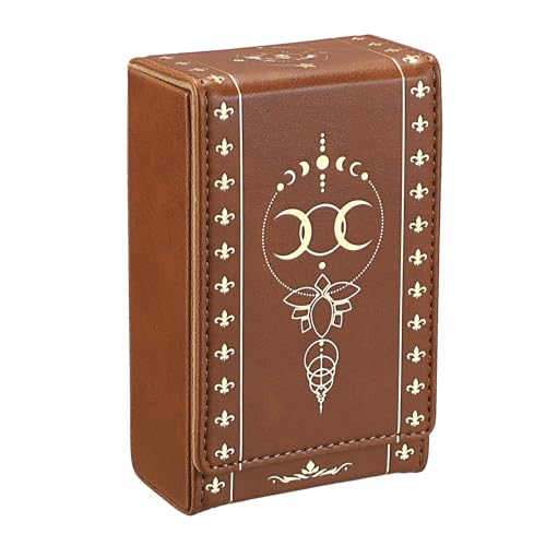 SUMTree Aufbewahrungsbox für tarotkarten Mondphase Veranstalter Täglich Oracle Card Organizer Tarotkarten Etui Braun Gold PU-Leder Groove-Design (8.2x4.5x13.5cm) Zur Aufbewahrung von Karten Aller Art von SUMTree