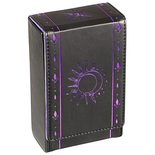 SUMTree Tarotkarten Etui Täglich Oracle Card Organizer Mondphase Veranstalter Schwarz und lila Kartenbox PU-Leder Aufbewahrungsbox für tarotkarten und kartenspiel (8.2x4.5x13.5cm) Sonne und Mondmotive von SUMTree