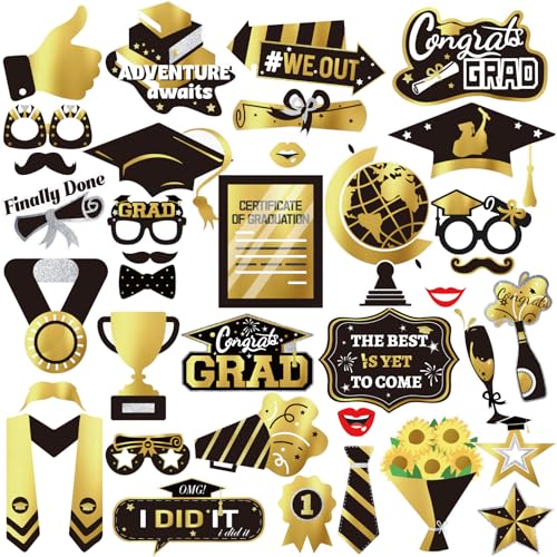 Abschlussfeier Deko 2025 36 Stück Schwarz Gold Graduierung Party Foto Booth Requisiten Dekoration Abschluss Deko Graduierung Fotorequisiten für Schulabschluss 2025 Bachelor Karneval Party Deko von SUNBEAUTY