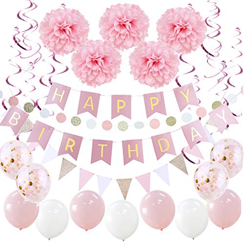 HAPPY BIRTHDAY Girlande Set Geburtstag Dekoration Seidenpapier Pompoms Rosa Folie Spirale Deko von SUNBEAUTY (Rosa) von SUNBEAUTY