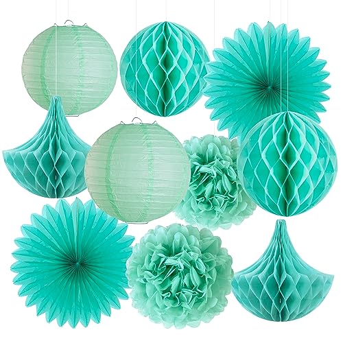 SUNBEAUTY 10er Set Dekoration Mint Papier Pompoms & Rosetten & Wabe & Lampion Türkis Serie Mixed Hochzeit Geburtstag Feier Party Dekoration von SUNBEAUTY