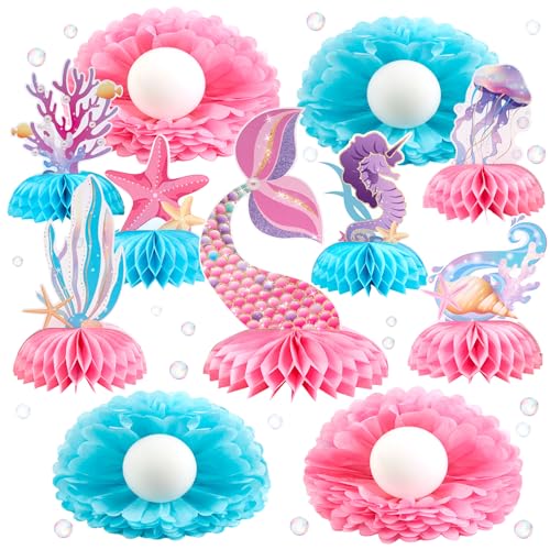 SUNBEAUTY 11 Stück Meerjungfrau Tischdekoration 3D Honeycomb Waben für Meerjungfrau Party Unterwasserwelt Kindergeburtstag Deko von SUNBEAUTY