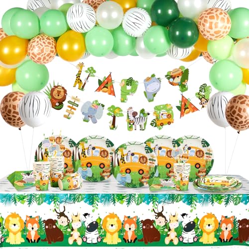SUNBEAUTY 111 Stück Dschungel Deko Geburtstag Set mit Luftballons Banner Geschirr Wild One Safari Deko für Jungen Kindergeburtstag Partydekoration(16 Gäste) von SUNBEAUTY