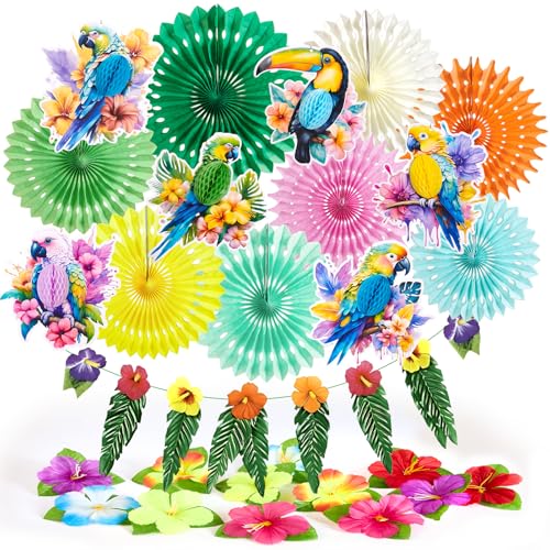 27 Stück Hawaii Party Deko Set Enthält 6 x Tropische Vögel Deko，8 x Papier Fächer，Papagei Party Deko und Hängende Girlande Papierfächer für Sommerdeko, Hawaii Deko, Dschungel von SUNBEAUTY