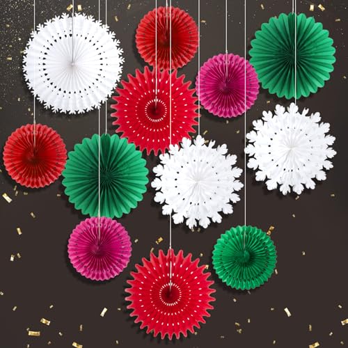 SUNBEAUTY 12 Stück Weihnachten Papier Fächer Deko Set Christmas Party Dekorationen Hängende Schneeflocken Papierfächer(Rot & Grün & Weiß & Rosa) für Geburtstag Party Hochzeit Neujahr Baby Shower von SUNBEAUTY