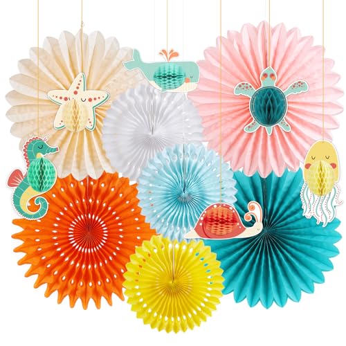 SUNBEAUTY 13 Stück Meerestiere Geburtstag Dekoration Enthält 7 x Papier Fächer, 6 x Ozean Thema Dekoration, Hängende Girlande Papierfächer und Meerestiere Wabenbälle für Geburtstag Deko, Baby Shower von SUNBEAUTY