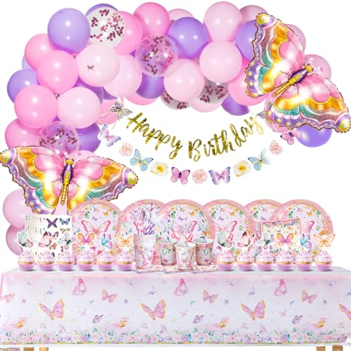 SUNBEAUTY 130 Stück Schmetterling Geburtstag Deko mit Pappteller, Tischdecken, Tassen, Strohhalme & Servietten für Mädchen Kindergeburtstag Dekoration(16 Gäste) von SUNBEAUTY