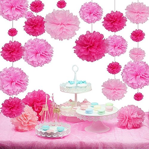 SUNBEAUTY 27er Set Pink Rosa Serie Seidenpapier Pom Poms Blumen Hochzeit Party Hanging Dekorations von SUNBEAUTY