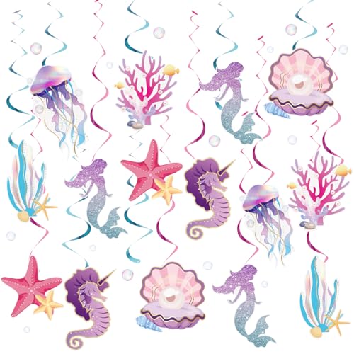SUNBEAUTY 30 Stück Meerjungfrau Geburtstag Deko Iridescent Mermaid Seepferdchen Seashell Starfish Hängedekoration Kindergeburtstag Deko Unterwasserwelt Partyzubehör von SUNBEAUTY