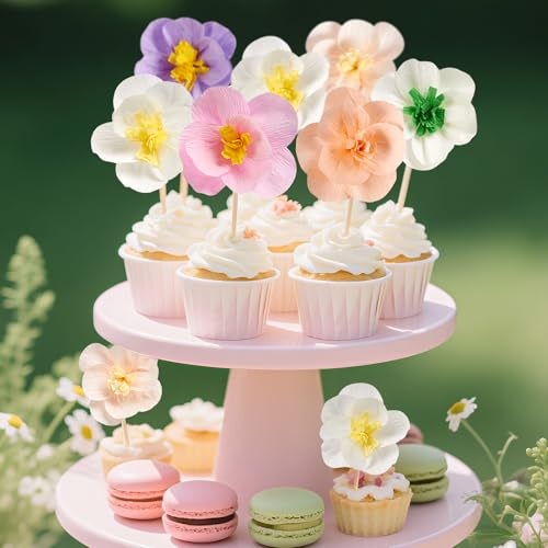 SUNBEAUTY 12 Stück Papierblumen Cupcake Toppers Seidenpapier Pompons Kuchendekoration Kinder Junge Mädchen Geburtstag Baby Shower Party Dekorationen Zubehör von SUNBEAUTY