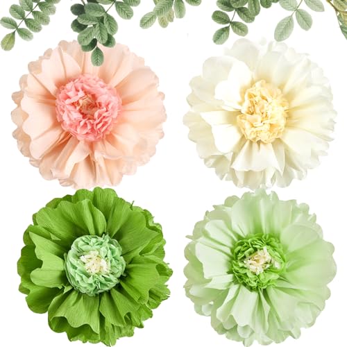 SUNBEAUTY 4 Stücke 20“ Beige Papierblumen Party Dekorationen Grün 3D Papier Blumen Grün Krepppapierblumen für Hochzeit Brautparty Babyparty Geburtstag von SUNBEAUTY