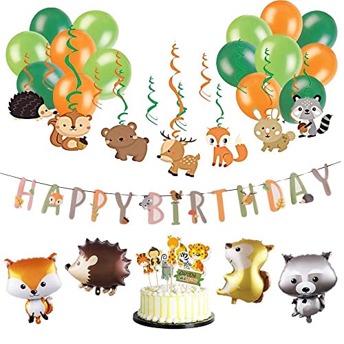 SUNBEAUTY 60 Stück Forest Animals Birthday Party Decoration Jungle Party Decoration Happy Birthday Banner Woodland Balloons Waldtiere Geburtstag Deko von SUNBEAUTY