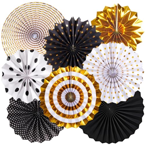 SUNBEAUTY 8 Stück Papier Fächer Dekoration Hanging Party Schwarz Gold Papierfächer Party Deko Set für Geburtstag Hochzeit Abschlussfeier Veranstaltungen Zubehör von SUNBEAUTY