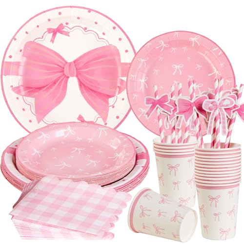 SUNBEAUTY 80 Stück süße Schleife Partygeschirr,Rosa Pappteller geburtstag mädchen einschließlich Pappbecher Servietten Strohhalme Pappteller für Hochzeit Garten Geburtstag Party SUNBEAUTY 80 Stück süße Schleife Partygeschirr,Rosa Pappteller geburtstag mädchen einschließlich Pappbecher Servietten Strohhalme Pappteller für Hochzeit Garten Geburtstag Party von SUNBEAUTY