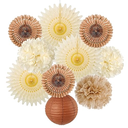 SUNBEAUTY 10 Stück Beige Braun Pompons Deko Lampions Boho Seidenpapier Pompoms Geburtstagsdeko Papier Fächer Party Deko für Geburtstag Hochzeitsdeko Vintage Zimmer Dekoration Babyparty Neutral von SUNBEAUTY