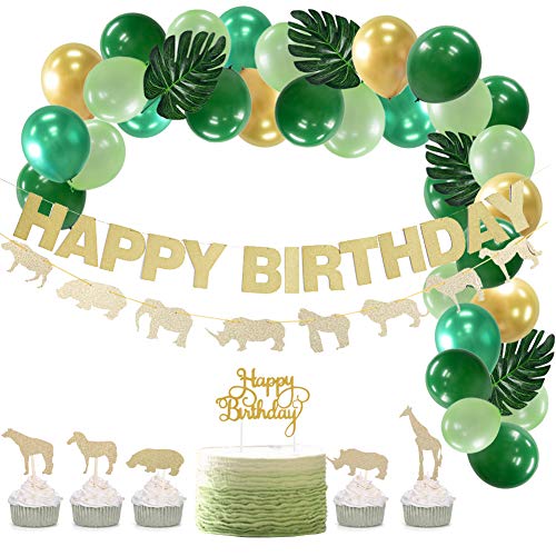 SUNBEAUTY Dschungel Geburtstag Dekoration Happy Birthday Girlande Gold Kindergeburtstag Deko Geburtstagsdeko Tiere Kuchendeko Waldtiere Luftballons von SUNBEAUTY