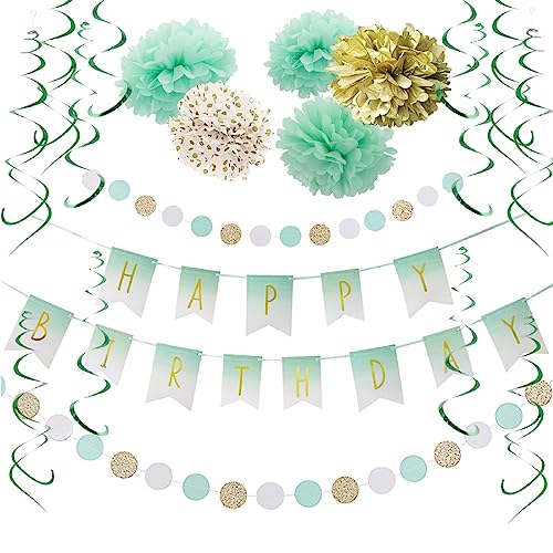 SUNBEAUTY Grün Geburtstagsdeko Mint Geburtstag Deko - Happy Birthday Girlande Hängende Spiral Girland Rund Seidenpapier Pompoms Deko für Hochzeit Geburtstag Sommer Dekoration Baby Shower von SUNBEAUTY