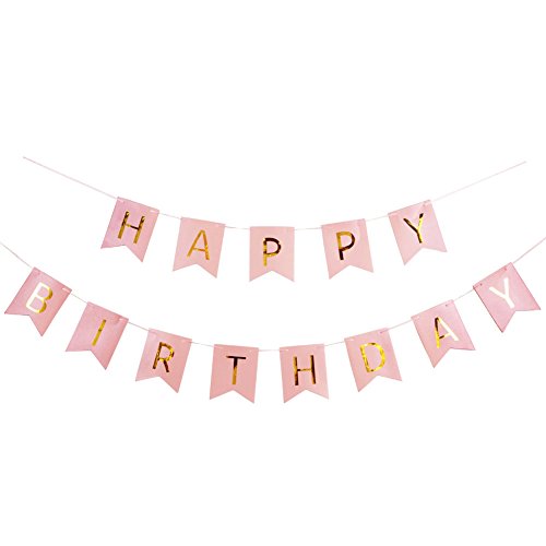 SUNBEAUTY Happy Birthday Girlande Geburtstag Girlande Geburtstagsdeko mit Gold Folierte Buchstaben Happy Birthday Banner für Geburtstagsfeier Erwachsene Kinder Mädchen Jungen (Rosa) von SUNBEAUTY