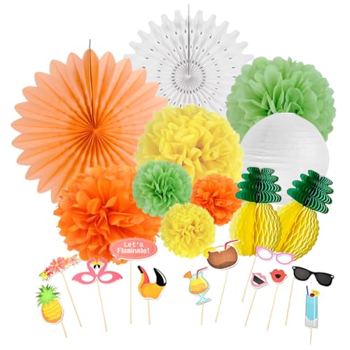 SUNBEAUTY Hawaii Party Deko, Anana Flamingo Pompom Wabenball Papierfächer Lampion Foto Requisiten Papier Foto Booth Props Tiki Sommer Sommerfest Geburtstagsparty von SUNBEAUTY