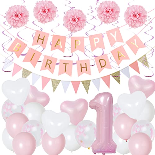 SUNBEAUTY Luftballon 1.Geburtstag Rosa, Geburtstagsdeko Mädchen 1 Jahr Luftballon Geburtstag Mädchen 1 Deko Happy Birthday Girlande Dekoration Rosa Ballon Seidenpapier Pompoms Rosa Folie Spirale Deko von SUNBEAUTY