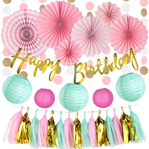 SUNBEAUTY Mint Rosa Geburtstagsdeko Kit Gold HAAPPY Birthday Banner Faltrosetten Kugel-Deko von SUNBEAUTY