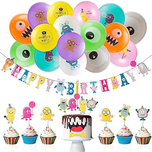 SUNBEAUTY 27 Stück Monster Geburtstag Dekoration Kindergeburtstag Deko - Happy Birthday Banner Tortenaufleger Luftballon mit Monster Motive für Kindergeburtstag Deko von SUNBEAUTY