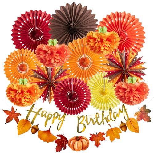 SUNBEAUTY Orange Party Dekorationen Herbst Party Dekorationen mit Pom Poms Girlande und Papierfächer für Hochzeit Geburtstag Thanksgiving Gartenparty Deko von SUNBEAUTY