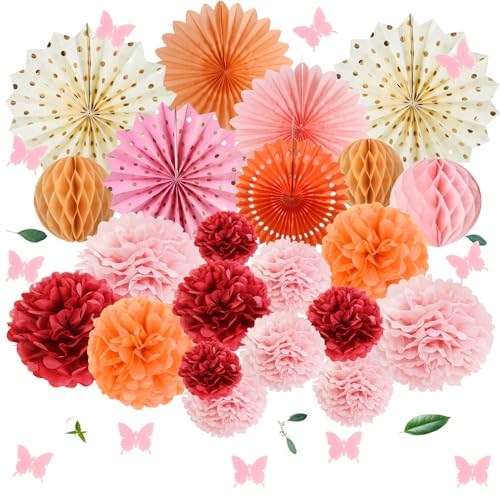 SUNBEAUTY 34 Stück Rosa Pompoms Deko Wabenbälle Papier Fächer Wandaufkleber Schmetterling für Geburtstag Hochzeit Feier Valentinstag Party Dekoration von SUNBEAUTY