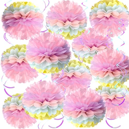 SUNBEAUTY 12 Stück Pastell Seidenpapier Pompons Deko Pastell Aufhängen Geburtstagsdeko Deko Bunte Papier Pompons für Hochzeit Geburtstagsdeko Tischdeko Baby Shower Frühling Sommer Deko von SUNBEAUTY