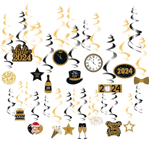 SUNBEAUTY Silvester Deko 2024 Neujahr Happy New Year Folie Spiralen Dekoration Deckenhänger von SUNBEAUTY