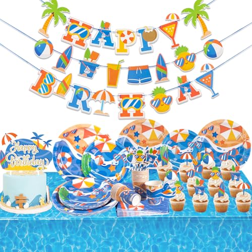 SUNBEAUTY Sommer Partygeschirr Set Pool Partyzubehör mit Happy Birthday Girlande Papier Teller Pappbecher Servietten Strohhalme Tischtücher für Hawaii Geburtstag Babyshower Deko von SUNBEAUTY