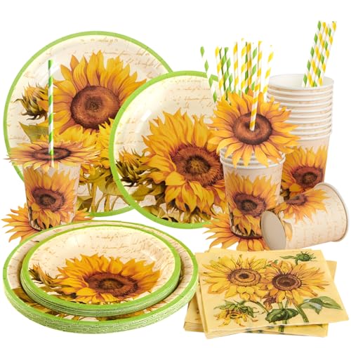 SUNBEAUTY 96 Stück Sonnenblume Partygeschirr Set, Gelb Sonnenblume Geburtstags Deko, Blumen Happy Birthday Deko Partyzubehör Pappteller Mit Teller Becher Servietten für 16 Gäste von SUNBEAUTY