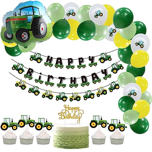 SUNBEAUTY Traktor Geburtstag Deko Set Traktor Happy Birthday Banner Grün Auto Girlande Geburtstag Kind Party Dekoration (Traktor Geburtstagsdeko) von SUNBEAUTY